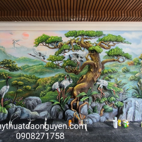 Không muốn rời mắt tranh phù điêu tùng hạc phong thủy của Đào Nguyên