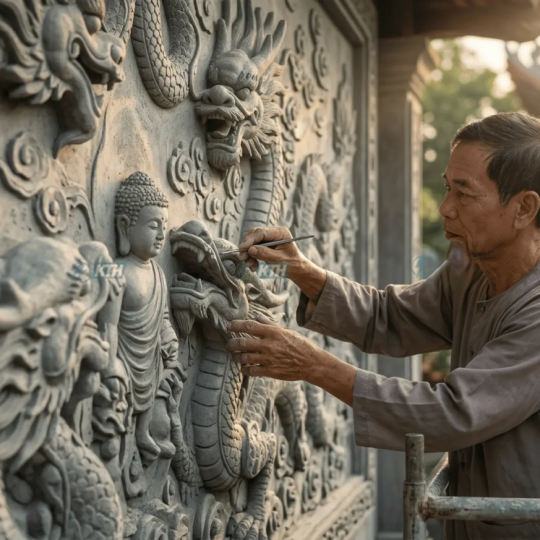 Hoa văn đình chùa bằng xi măng đắp nổi thủ công đẹp | Đào Nguyên