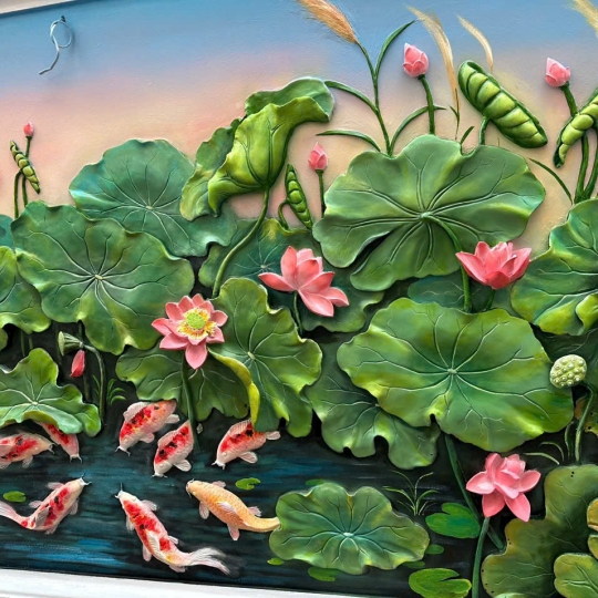 Tranh Phù Điêu Đắp Nổi Hoa Sen Và Cá Chép