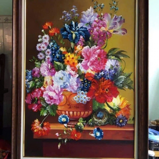 Tranh Sơn Dầu Chậu Hoa Hồng Treo Tường