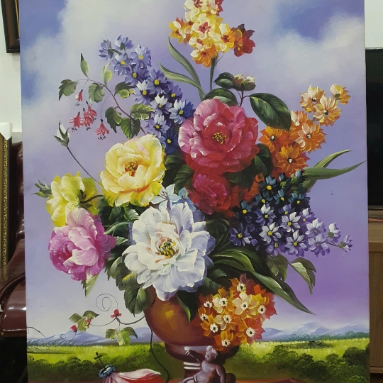 Tranh Sơn Dầu Chậu Hoa Hồng Treo Tường