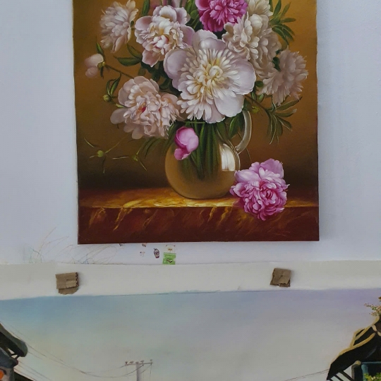 Tranh Sơn Dầu Chậu Hoa Hồng Treo Tường
