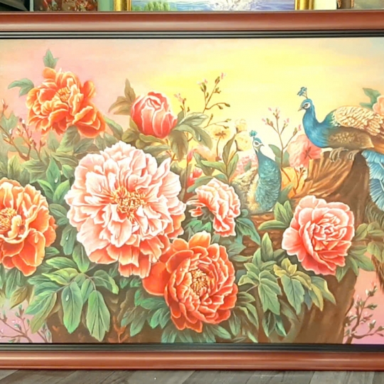 Tranh Sơn Dầu Chậu Hoa Hồng Treo Tường