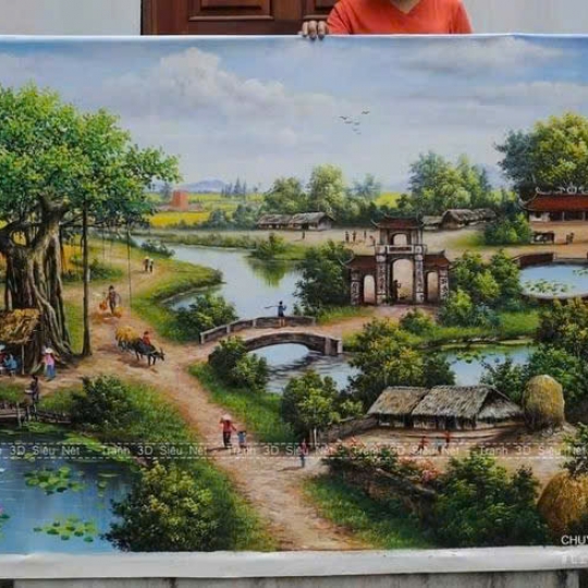 Tranh Sơn Dầu Đồng Quê Cây Đa Bến Nước Sân Đình