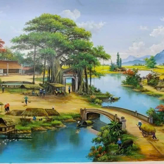 Tranh Sơn Dầu Đồng Quê Cây Đa Bến Nước Sân Đình