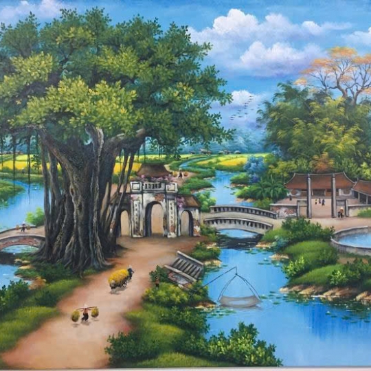 Tranh Sơn Dầu Đồng Quê Cây Đa Bến Nước Sân Đình