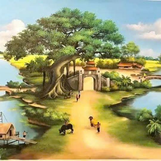 Tranh Sơn Dầu Đồng Quê Cây Đa Bến Nước Sân Đình