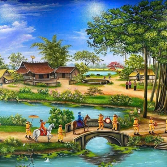 Tranh Sơn Dầu Đồng Quê Cây Đa Bến Nước Sân Đình