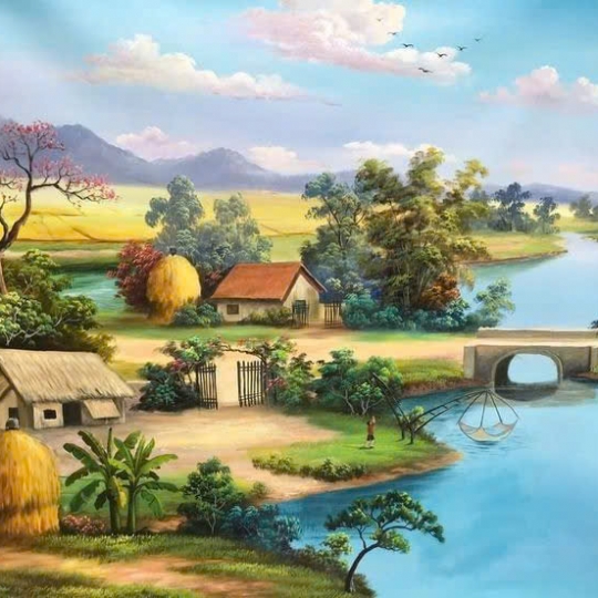 Tranh Sơn Dầu Phong Cảnh Làng Quê Xưa