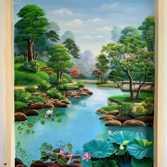 Tranh Tường Phong Cảnh Hồ Sen Cá Chép