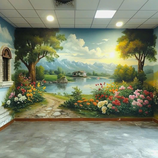 Tranh Tường Phong Cảnh Hoàng Hôn Bên Hồ