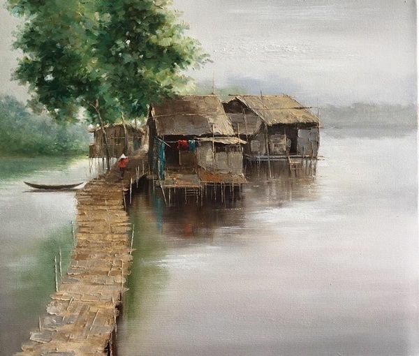 tranh sơn dầu làng quê sông nước
